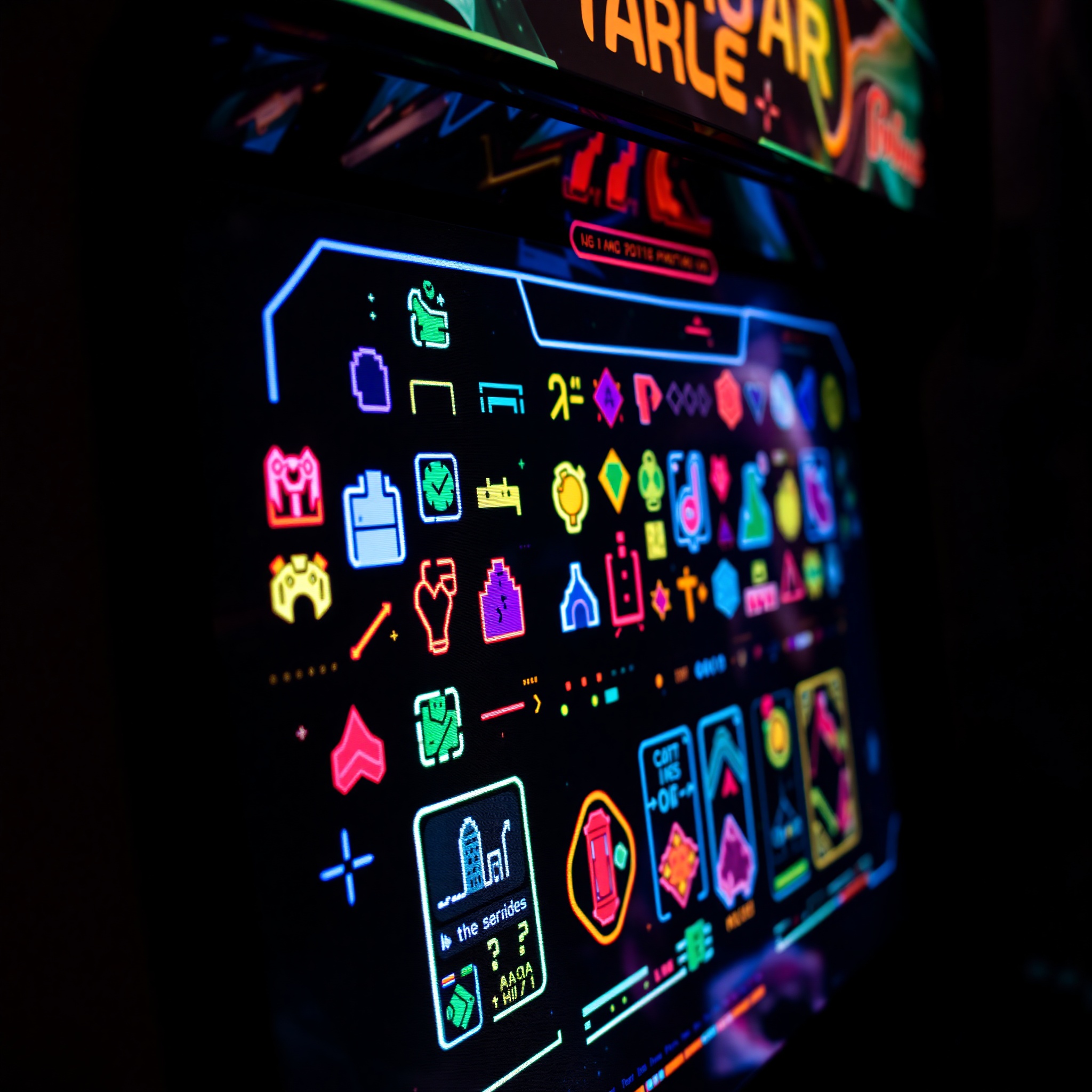 Iconografía arcade retro moderna en pantalla de videojuego