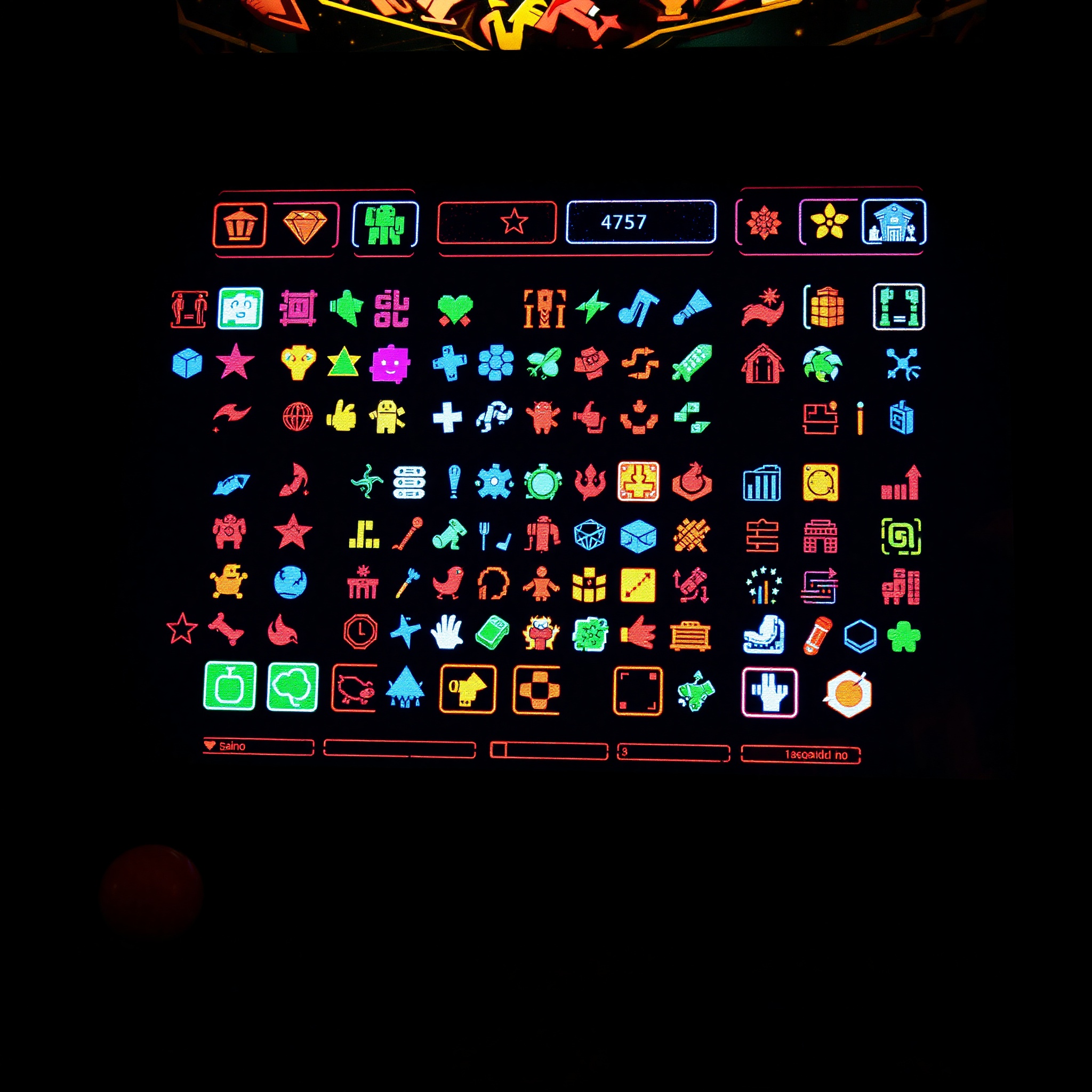 Pantalla de juego arcade con símbolos pixelados, iconografía retro y elementos visuales dinámicos en interfaz interactiva