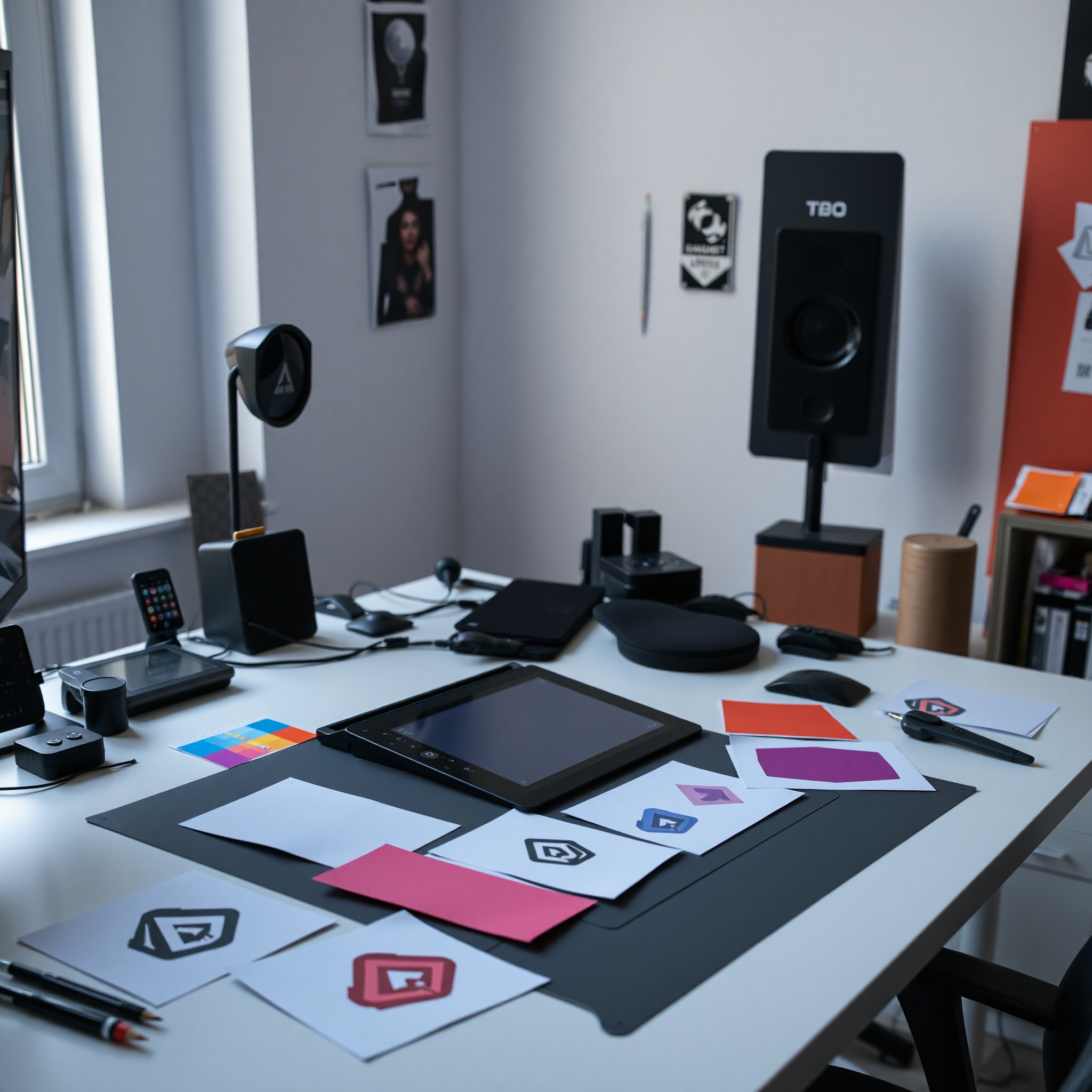 Estudio de diseño de logotipos de juegos con tablet gráfica, muestras de color sólido y símbolos arcade en workspace profesional