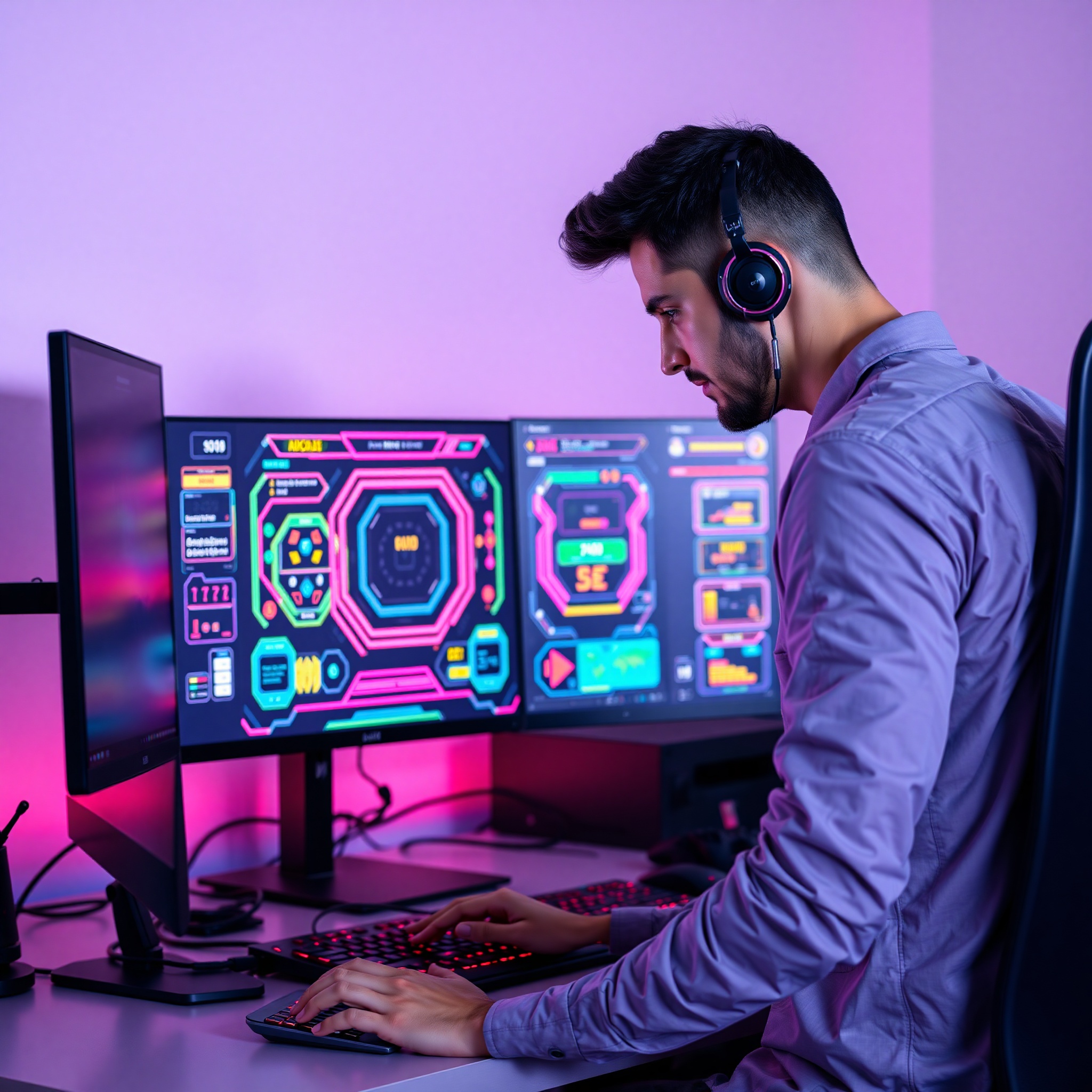 Diseñador de interfaz de videojuegos trabajando en monitor con UI arcade colorida y elementos interactivos
