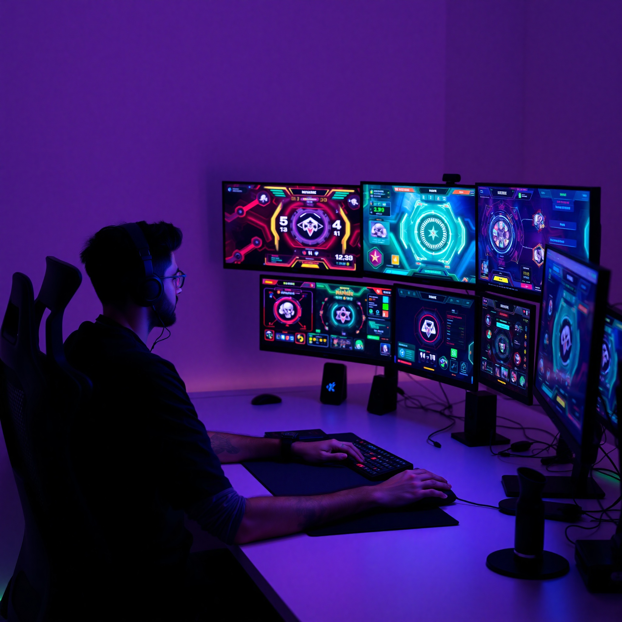 Diseñador creando interfaz de videojuego con elementos arcade coloridos en pantalla, mostrando paleta de colores vibrantes y componentes de UI interactivos