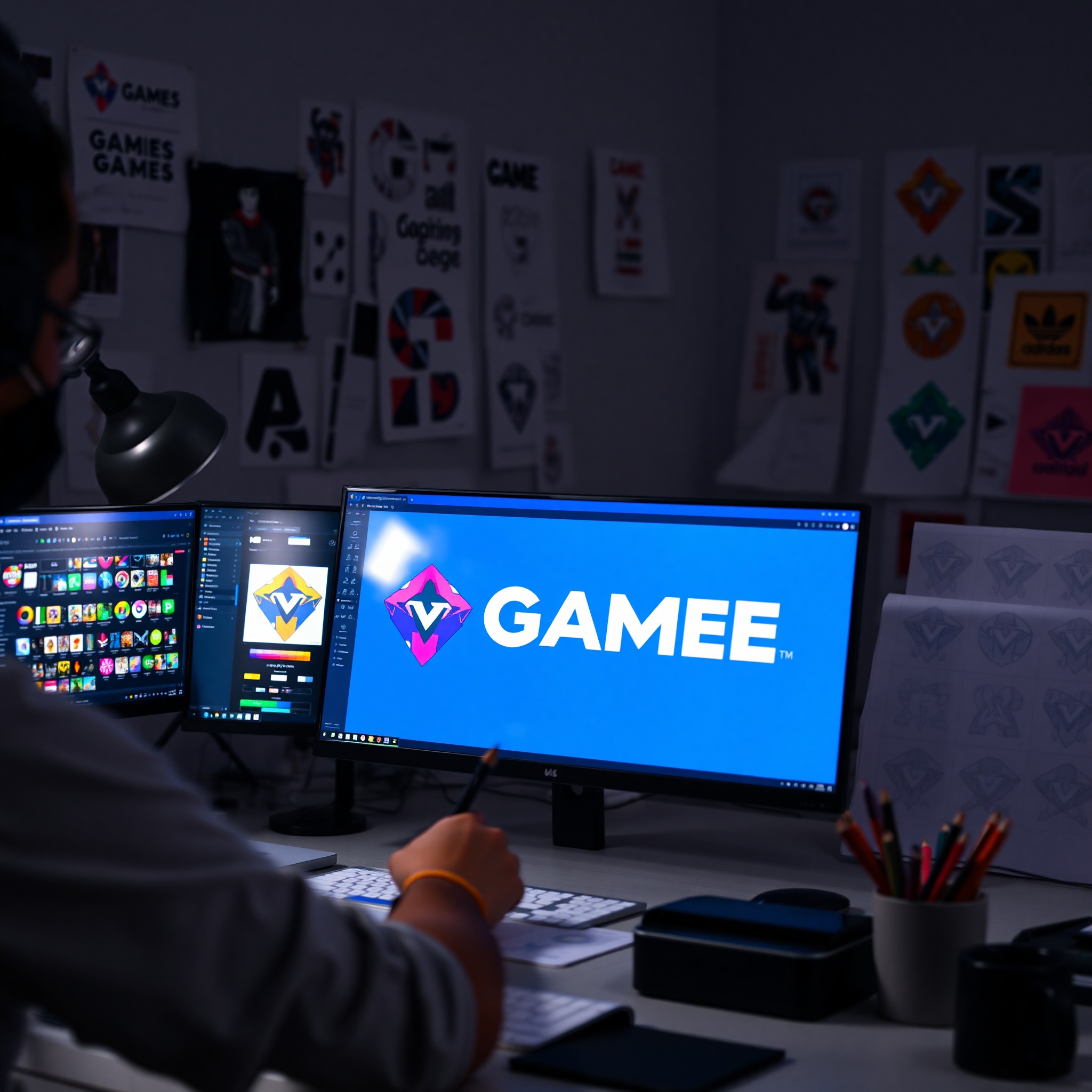 Diseñador gráfico creando logo de juego en software de diseño con paleta de colores vibrantes y formas geométricas