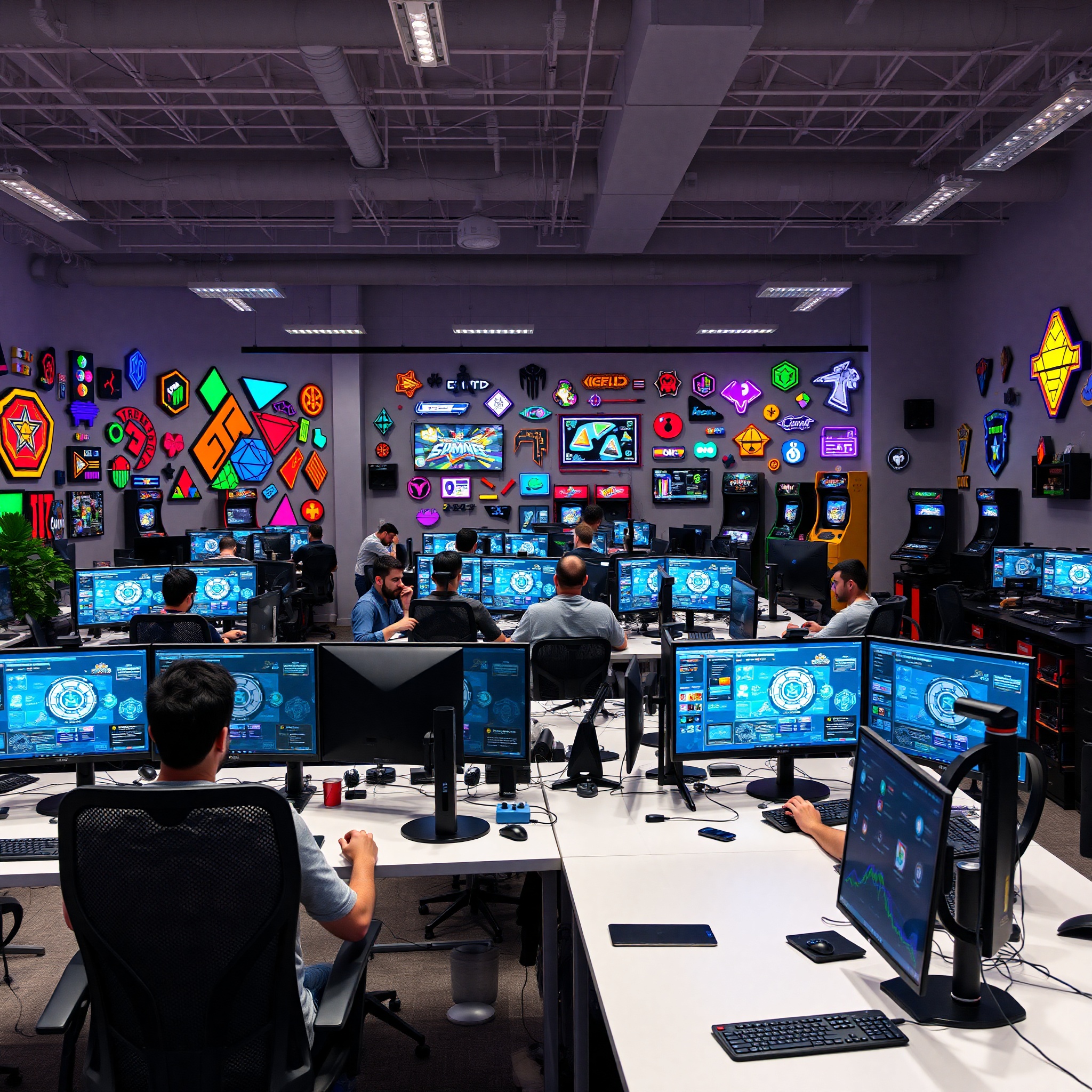 Estudio de diseño español con diseñadores trabajando en proyectos de videojuegos, mostrando colaboración y creatividad en ambiente moderno