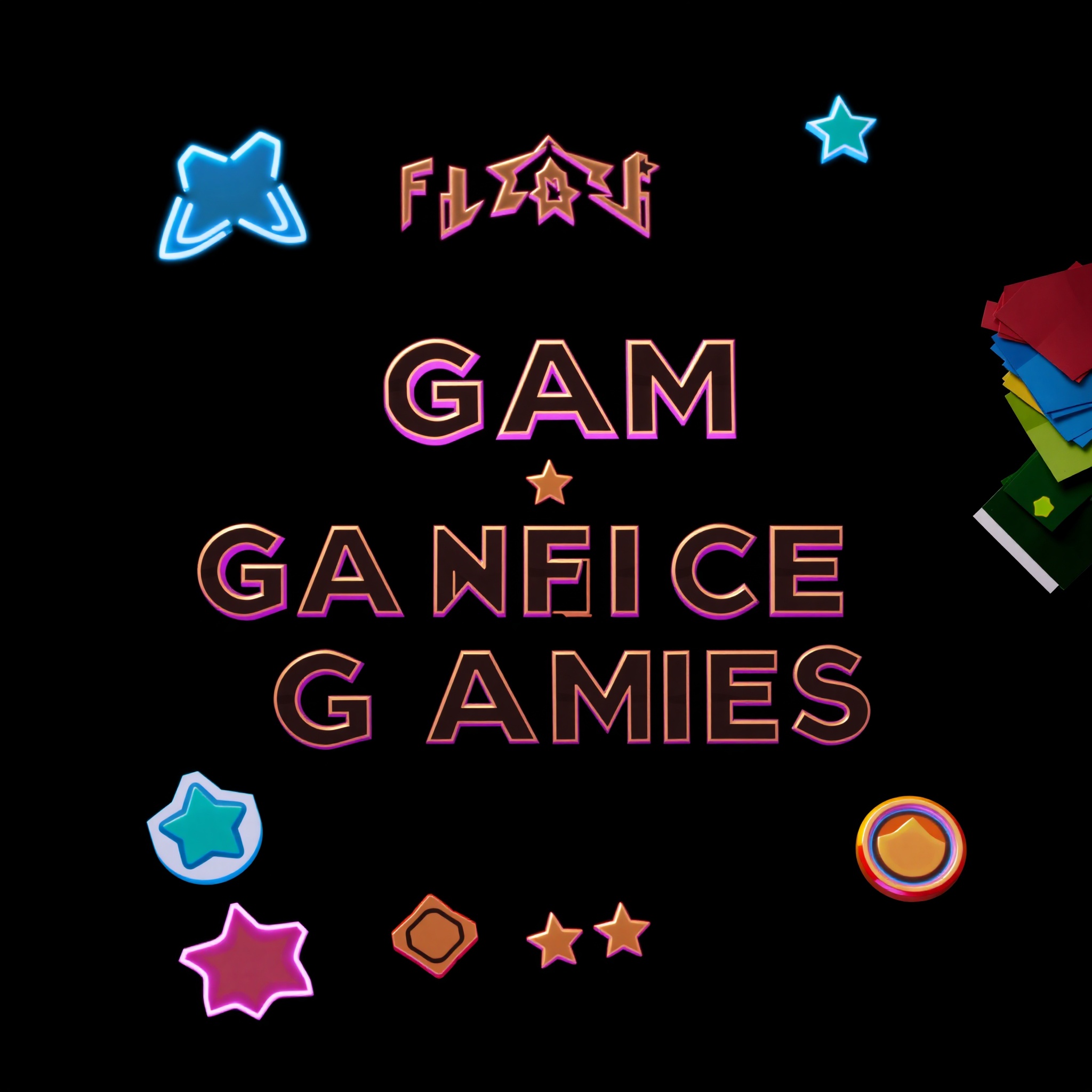 Paleta de tipografía arcade moderna con símbolos geométricos, estrellas y monedas pixeladas en composición de diseño